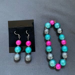 Bold Pink & Teal Beaded Bracelet and Earrings Set